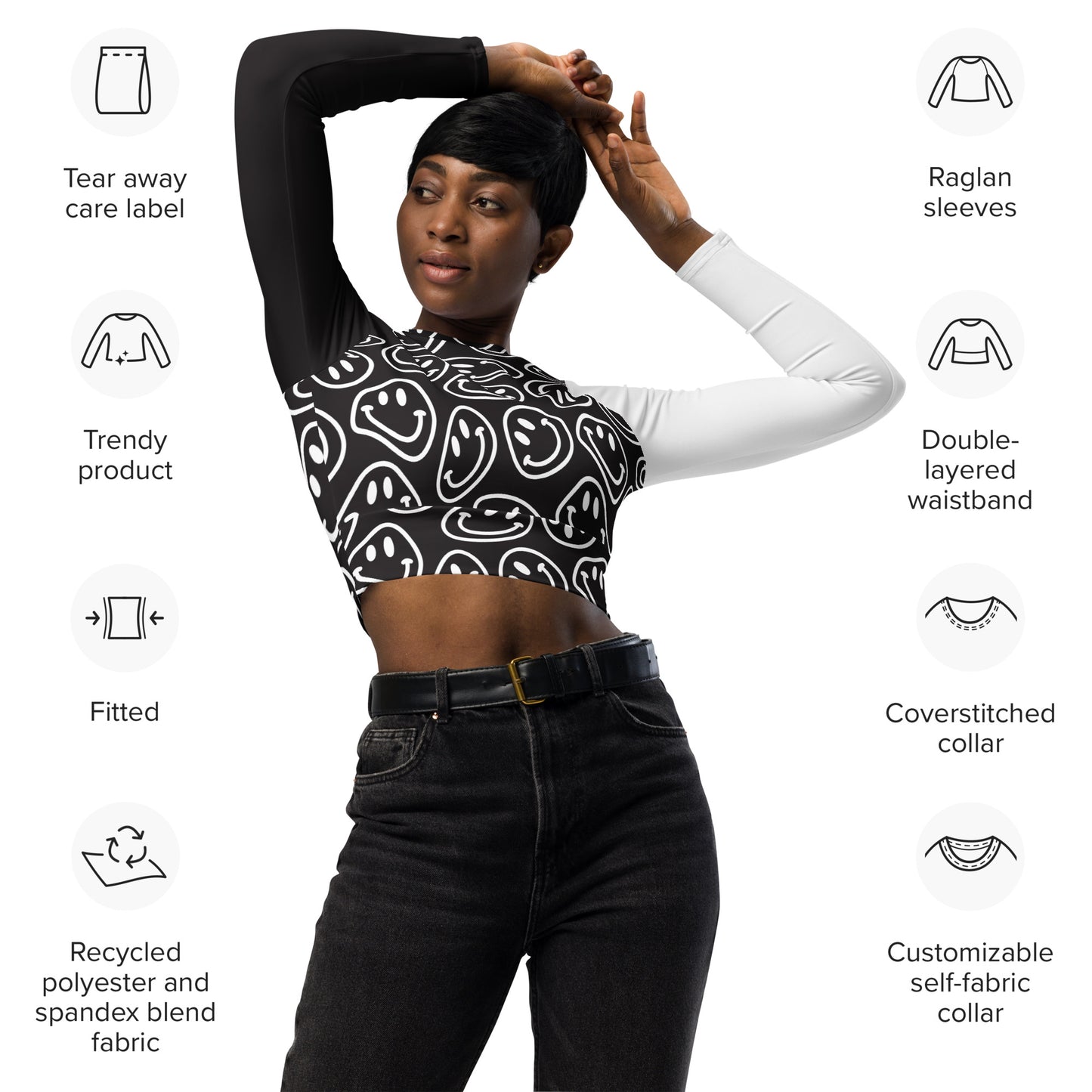 B&W Smile Long-Sleeve Crop Top