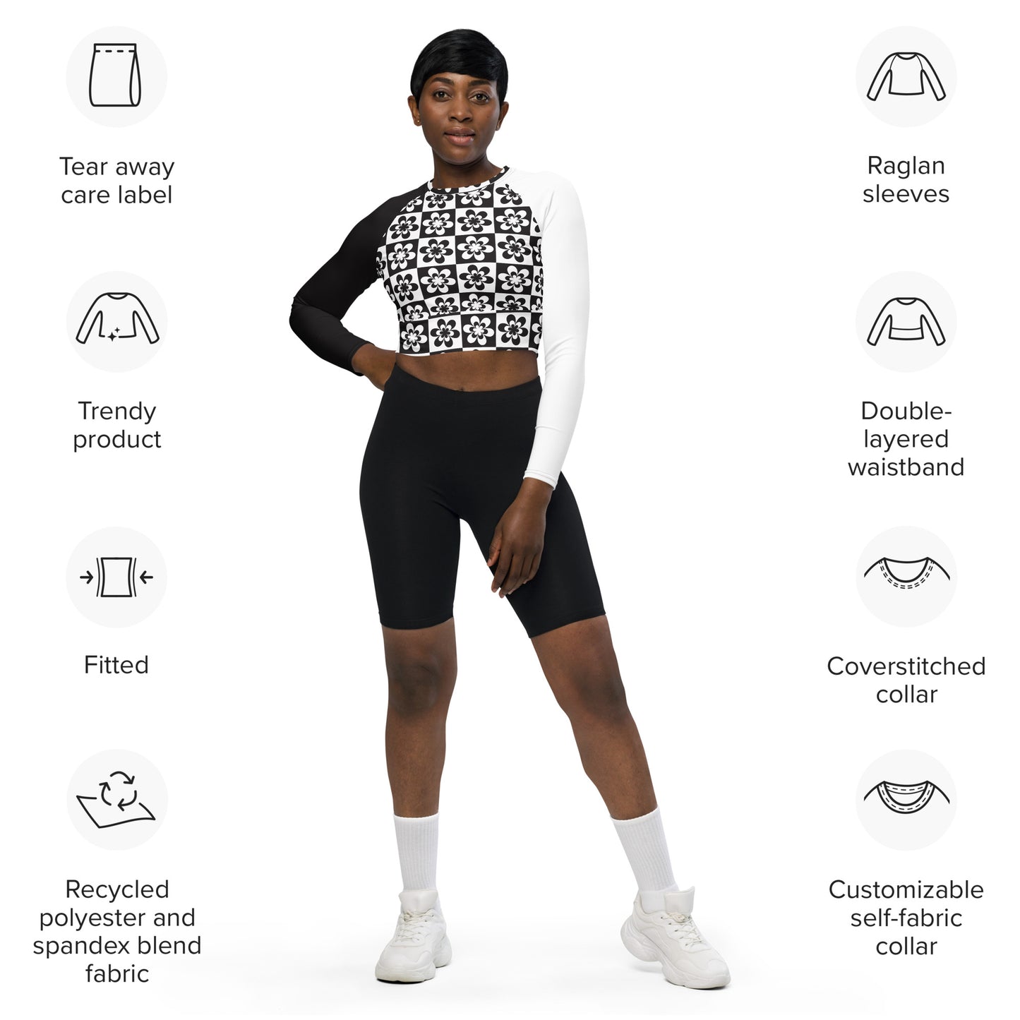 B&W Checker Daisy Long-Sleeve Crop Top