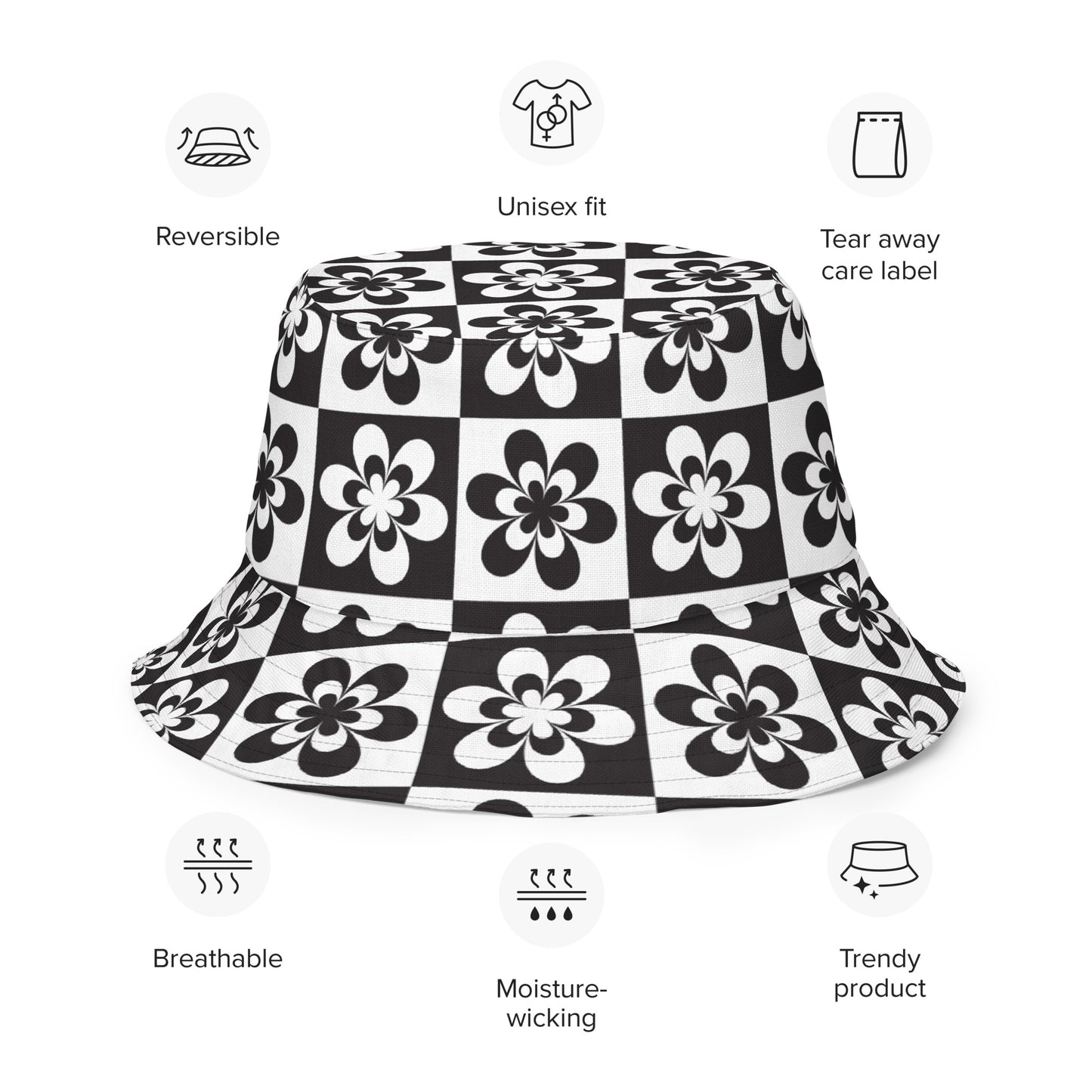 B&W Checker Daisy Smile Reversible Bucket Hat