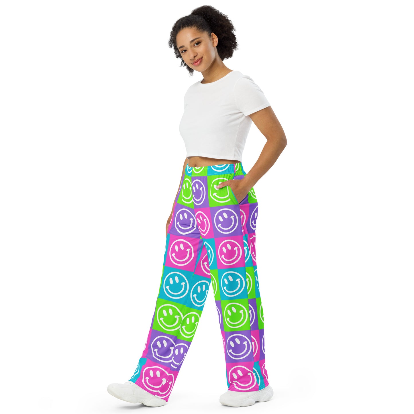 Bright Checker Smile Unisex Wide-Leg Pants