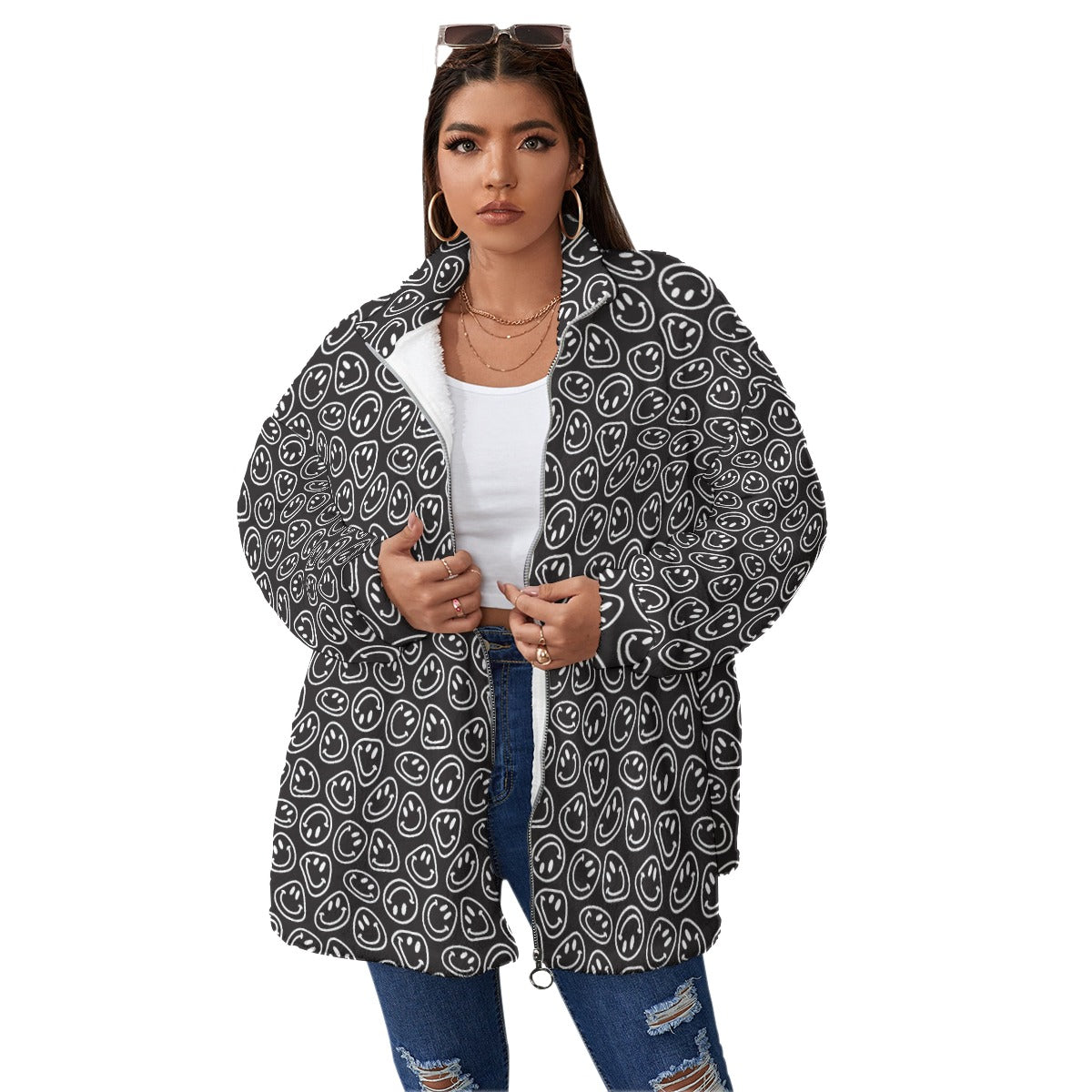 B&W Smiles Fleece Coat With Zipper (Plus Size)