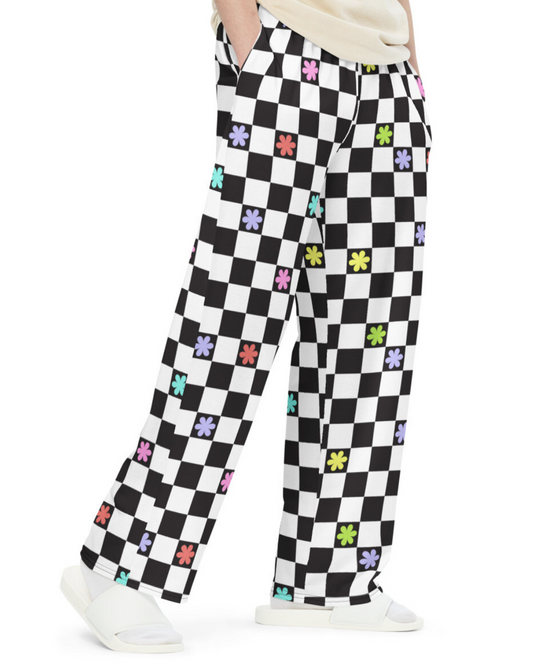 Checkered Flowers Unisex Wide-Leg Pants
