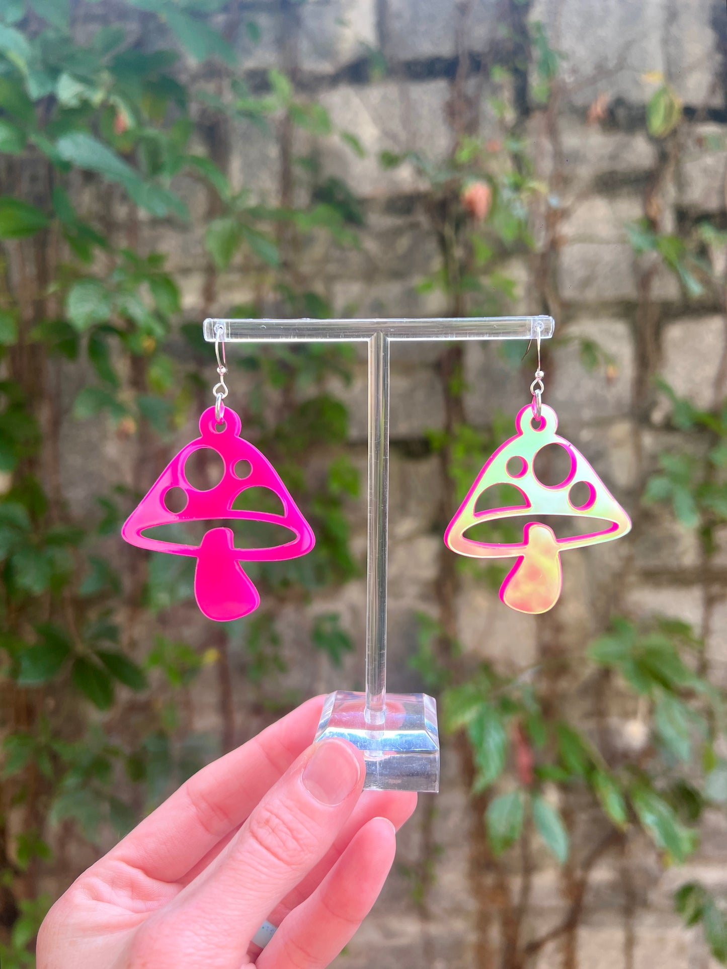 Pink Holo Mushroom Earrings