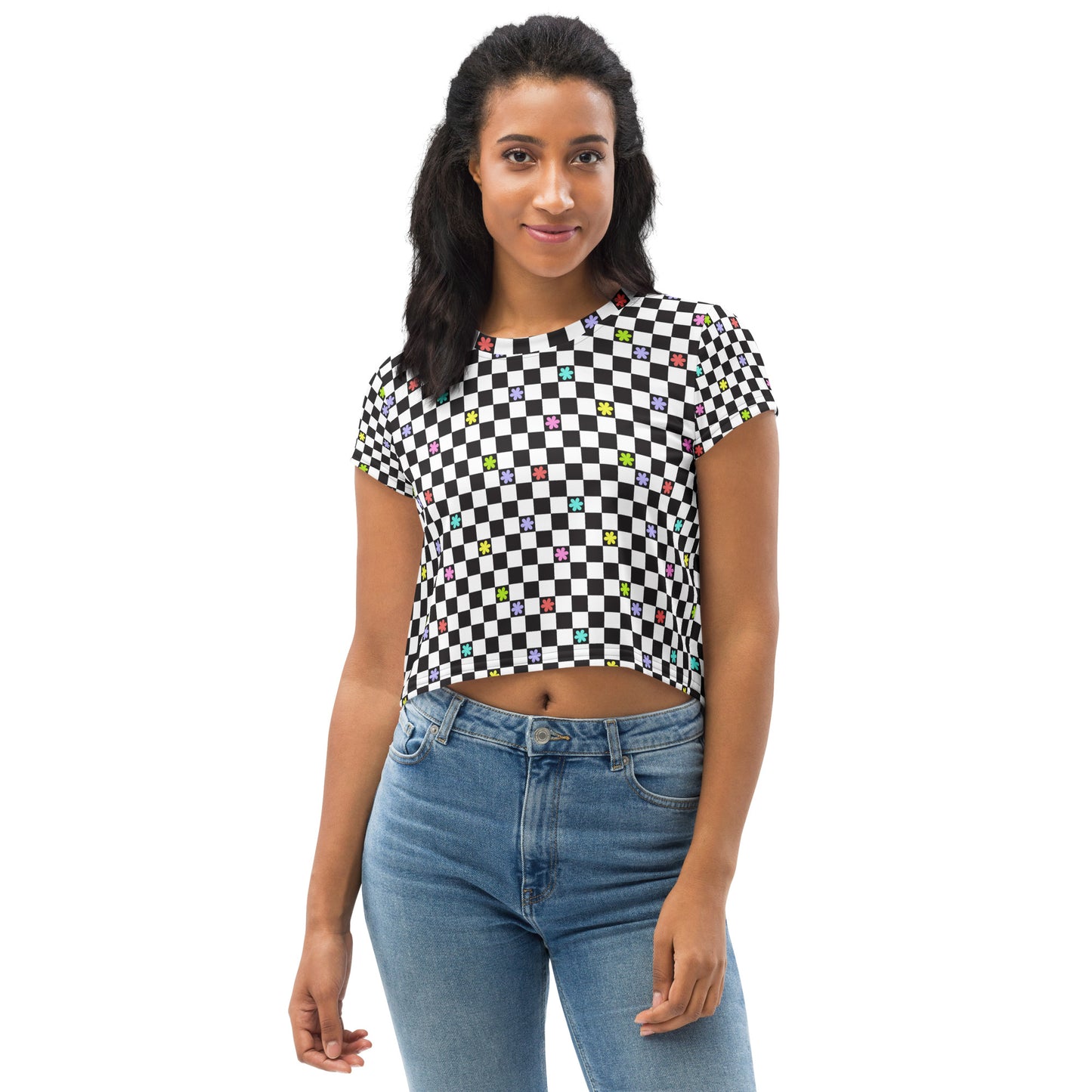 Checkered Flowers Crop Tee