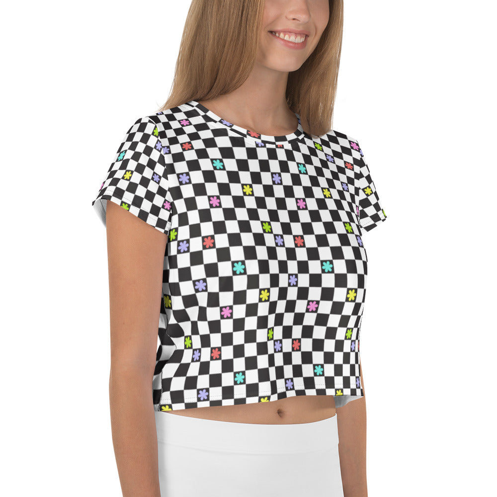 Checkered Flowers Crop Tee