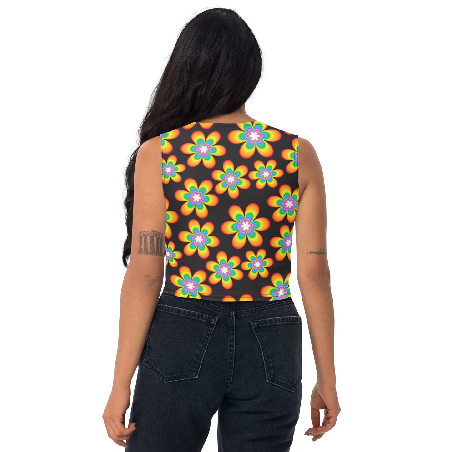 Rainbow Bloom Black Crop Top