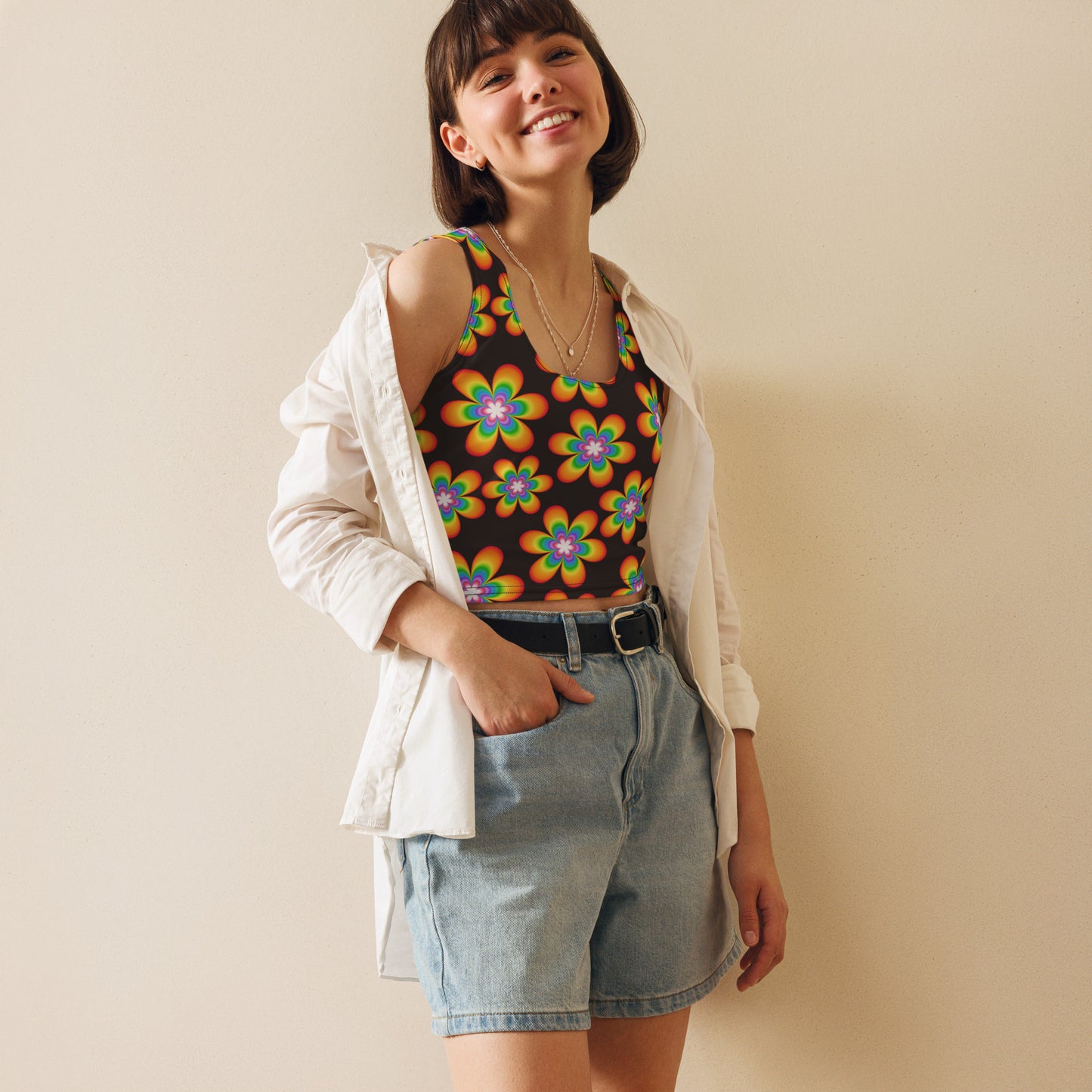 Rainbow Bloom Black Crop Top