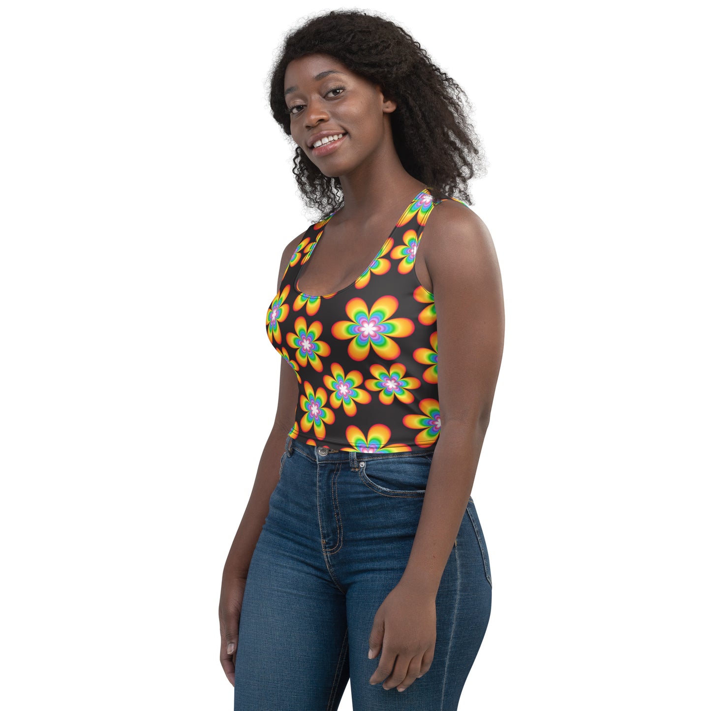 Rainbow Bloom Black Crop Top