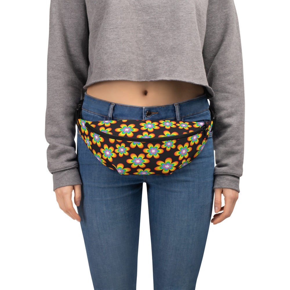 Rainbow Bloom Black Fanny Pack