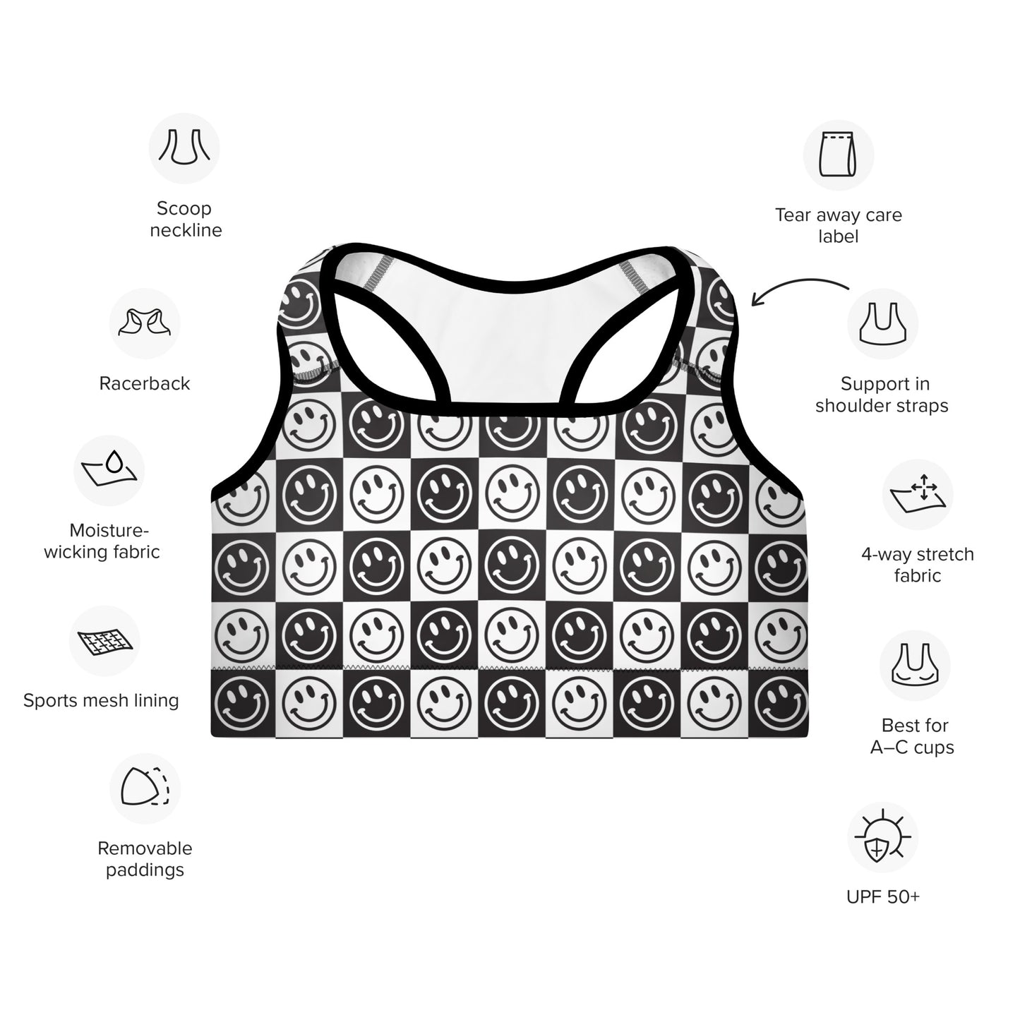 B&W Checker Smile Padded Sports Bra