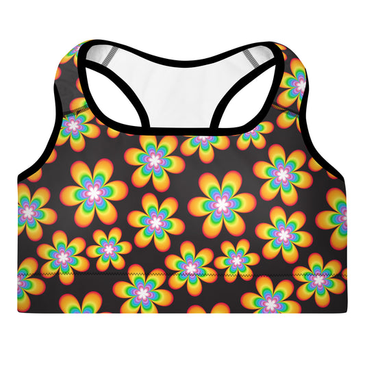 Rainbow Bloom Black Padded Sports Bra