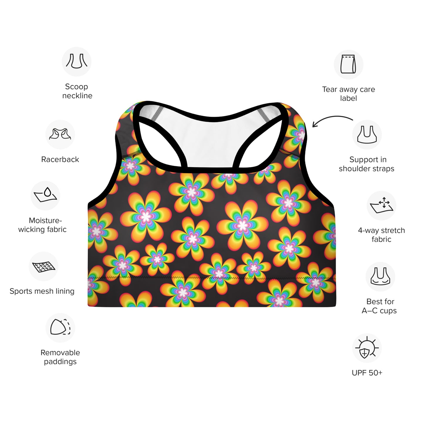 Rainbow Bloom Black Padded Sports Bra