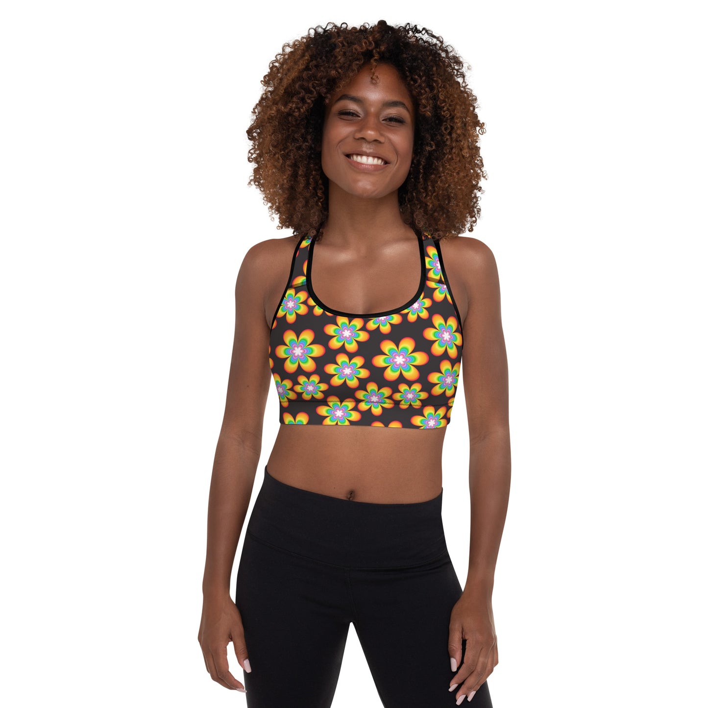 Rainbow Bloom Black Padded Sports Bra