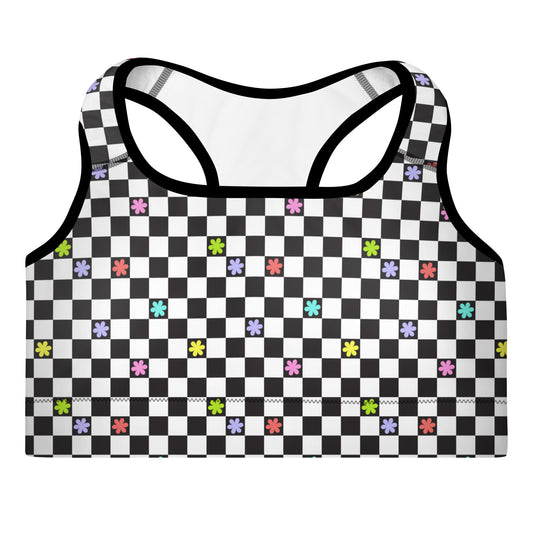 Checkered Flowers Padded Sports Bra