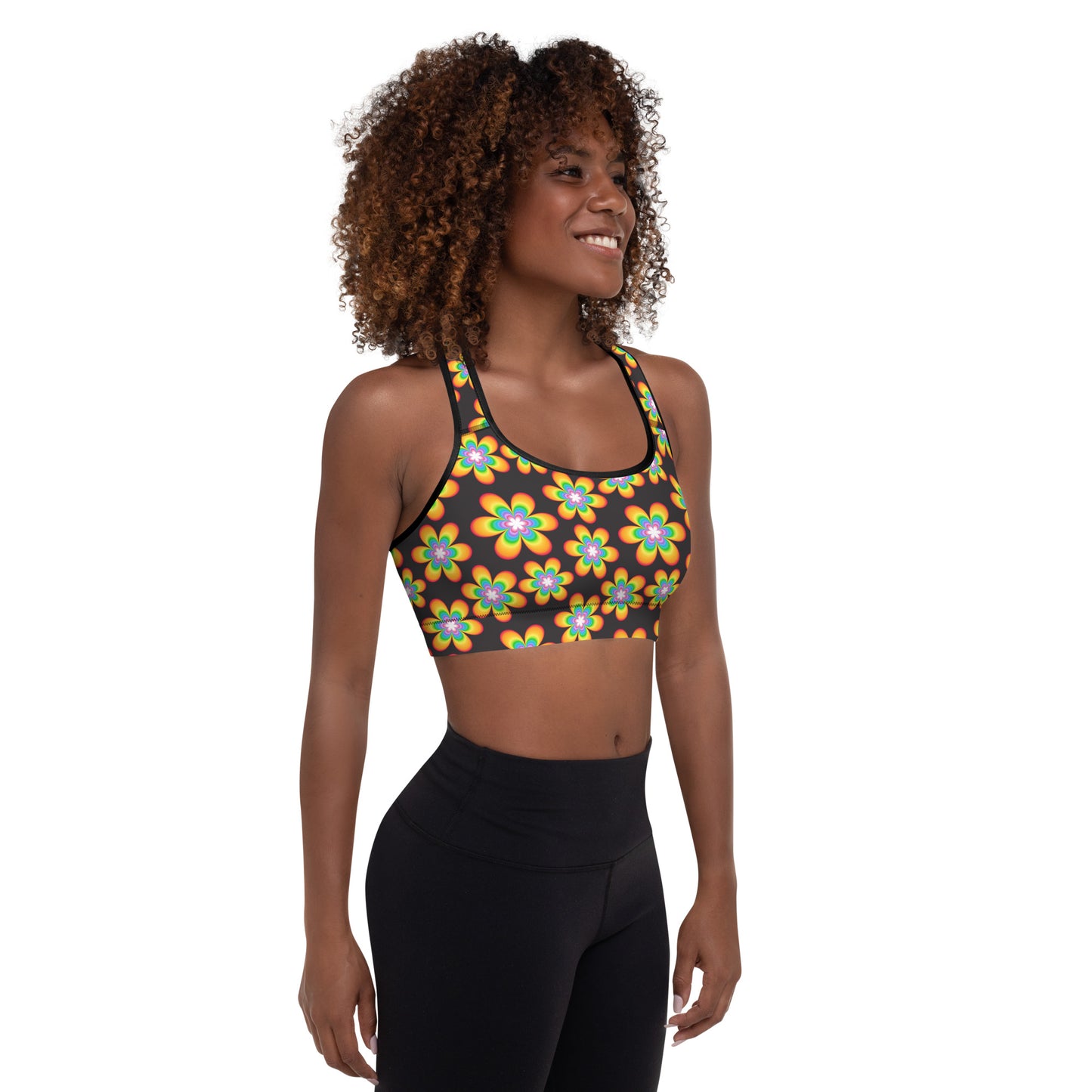 Rainbow Bloom Black Padded Sports Bra