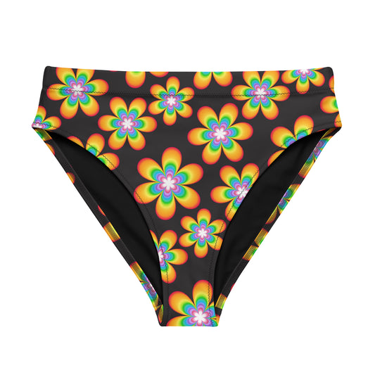 Rainbow Bloom Black High-Waisted Bikini Bottom