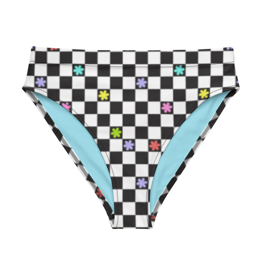 Checkered Flower High-Waisted Bikini Bottom