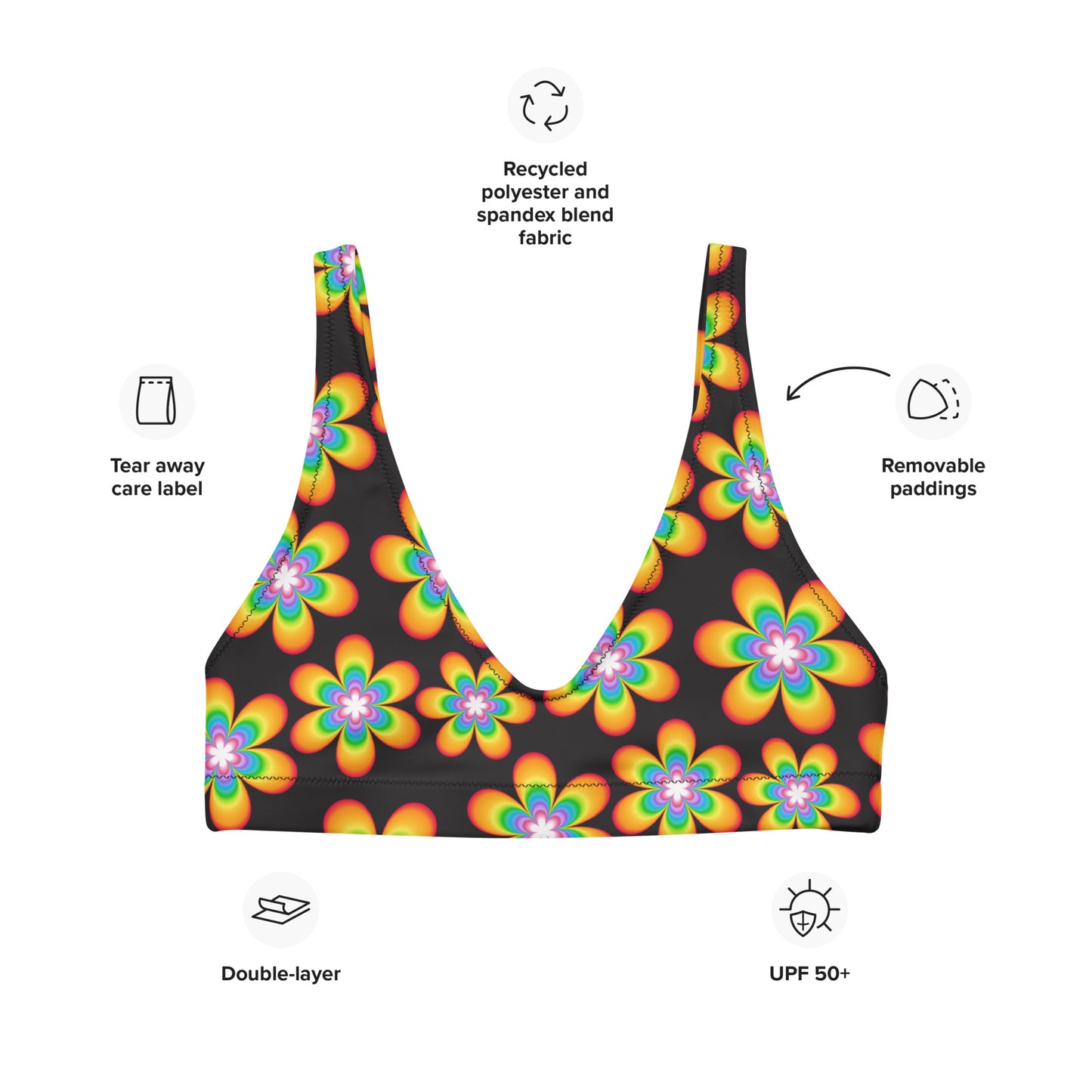 Rainbow Bloom Black Padded Bikini Top