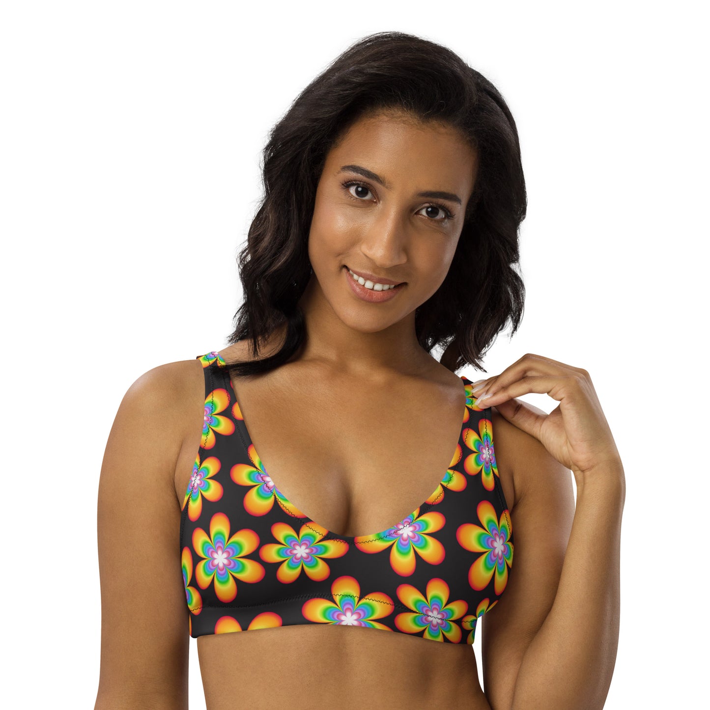 Rainbow Bloom Black Padded Bikini Top