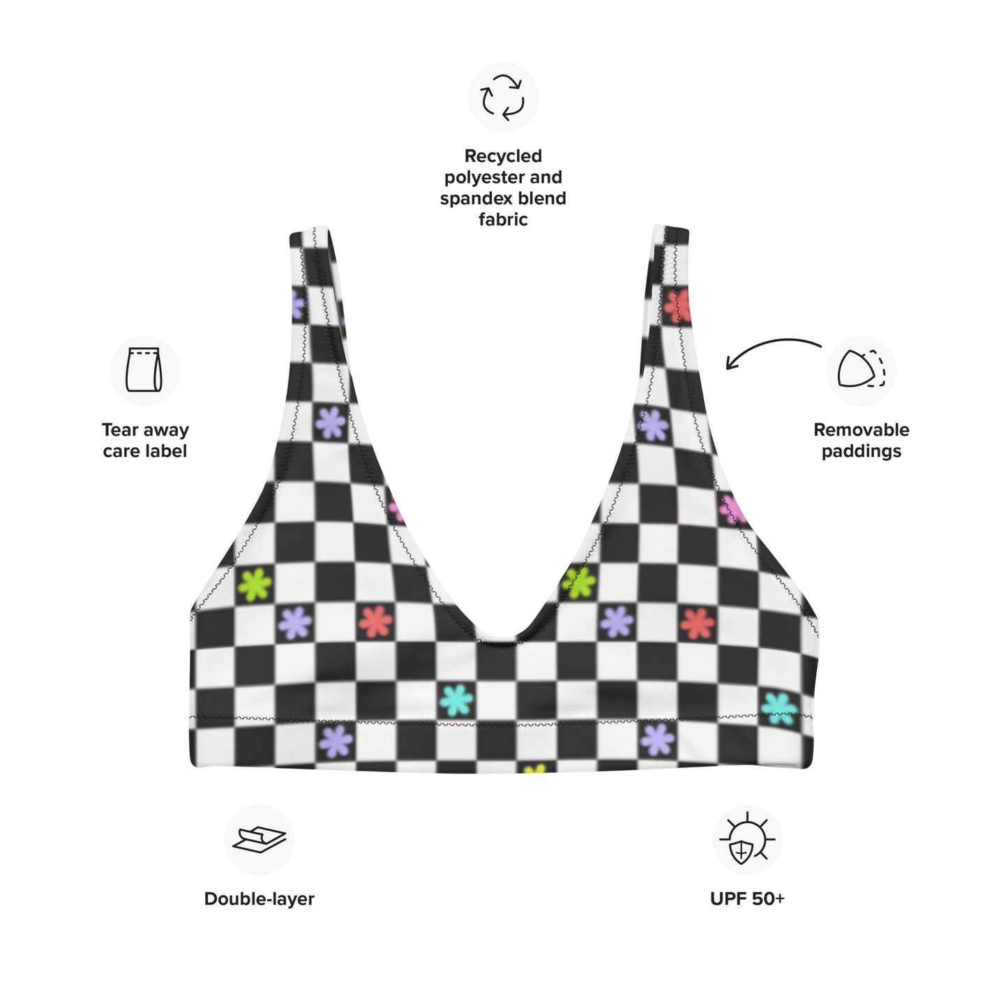 Checkered Flowers Padded Bikini Top