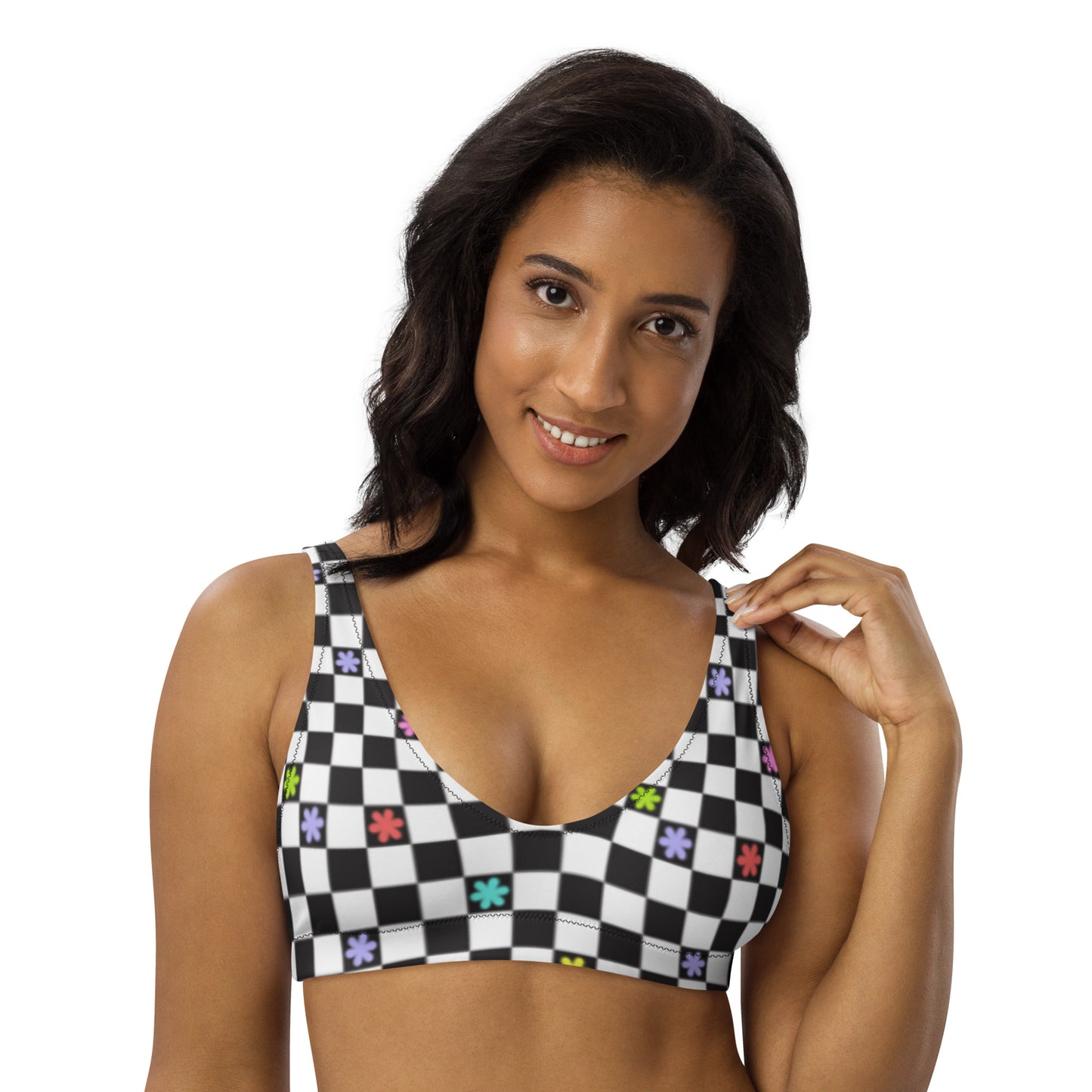 Checkered Flowers Padded Bikini Top