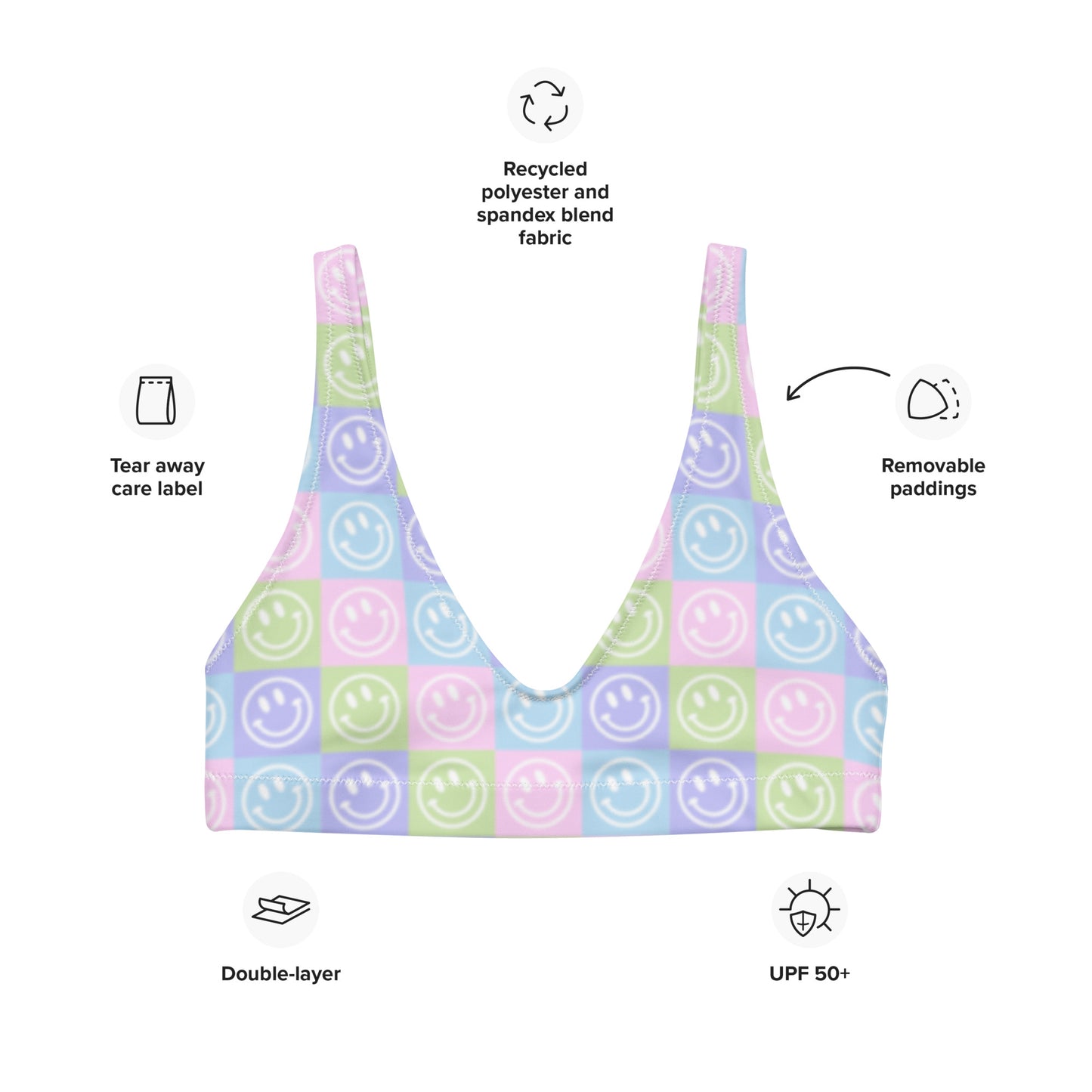 Pastel Checker Smile Padded Bikini Top