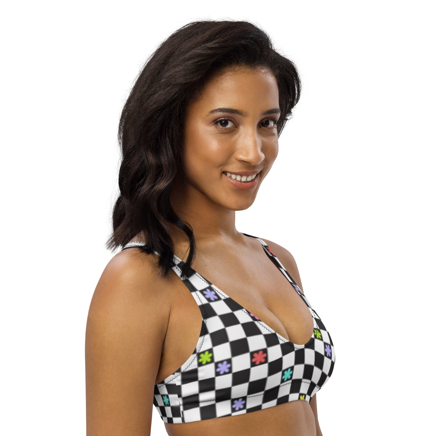 Checkered Flowers Padded Bikini Top