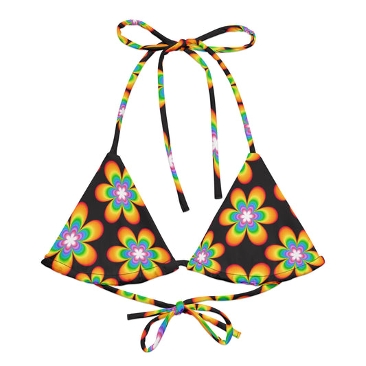 Rainbow Bloom Black String Bikini Top