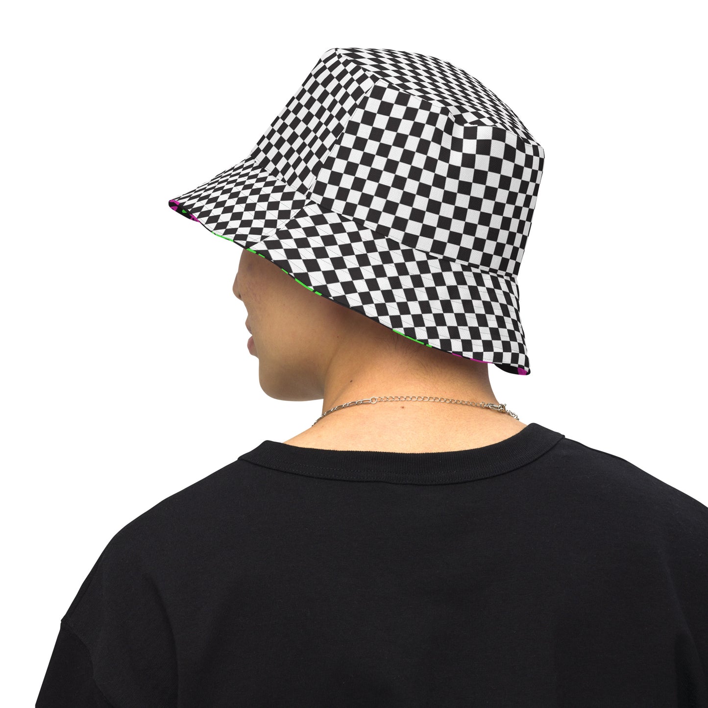 Pink & Green Smiles Checkered Reversible Bucket Hat