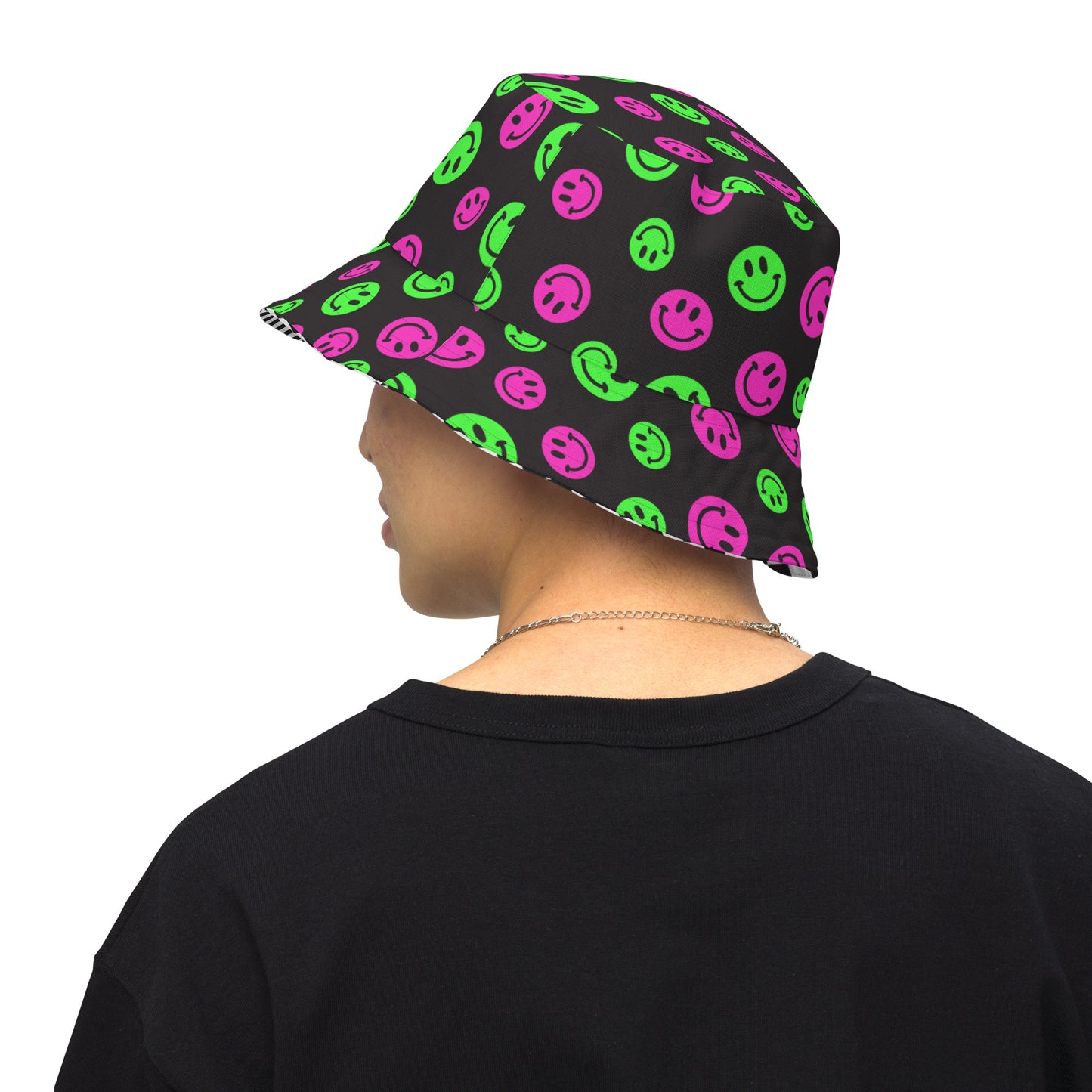 Pink & Green Smiles Checkered Reversible Bucket Hat