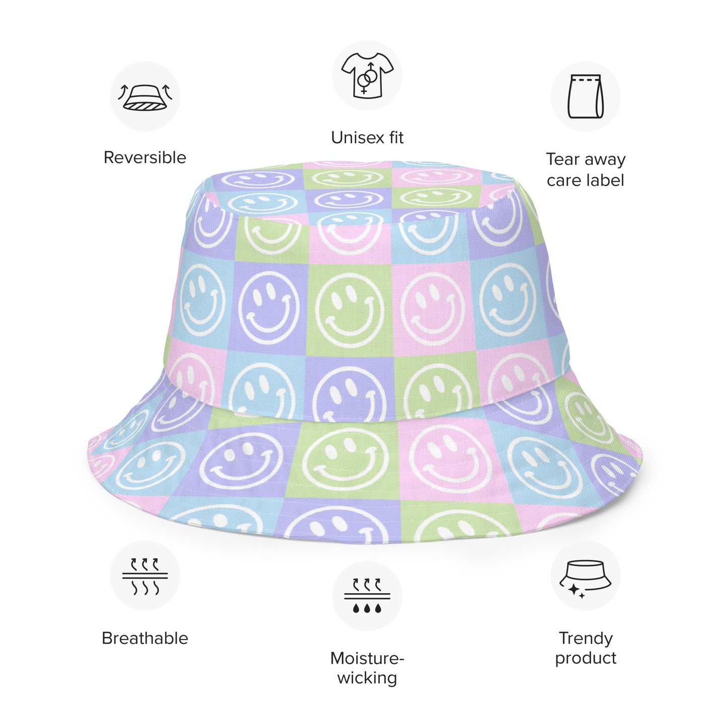 Pastel Checker Smile Reversible Bucket Hat