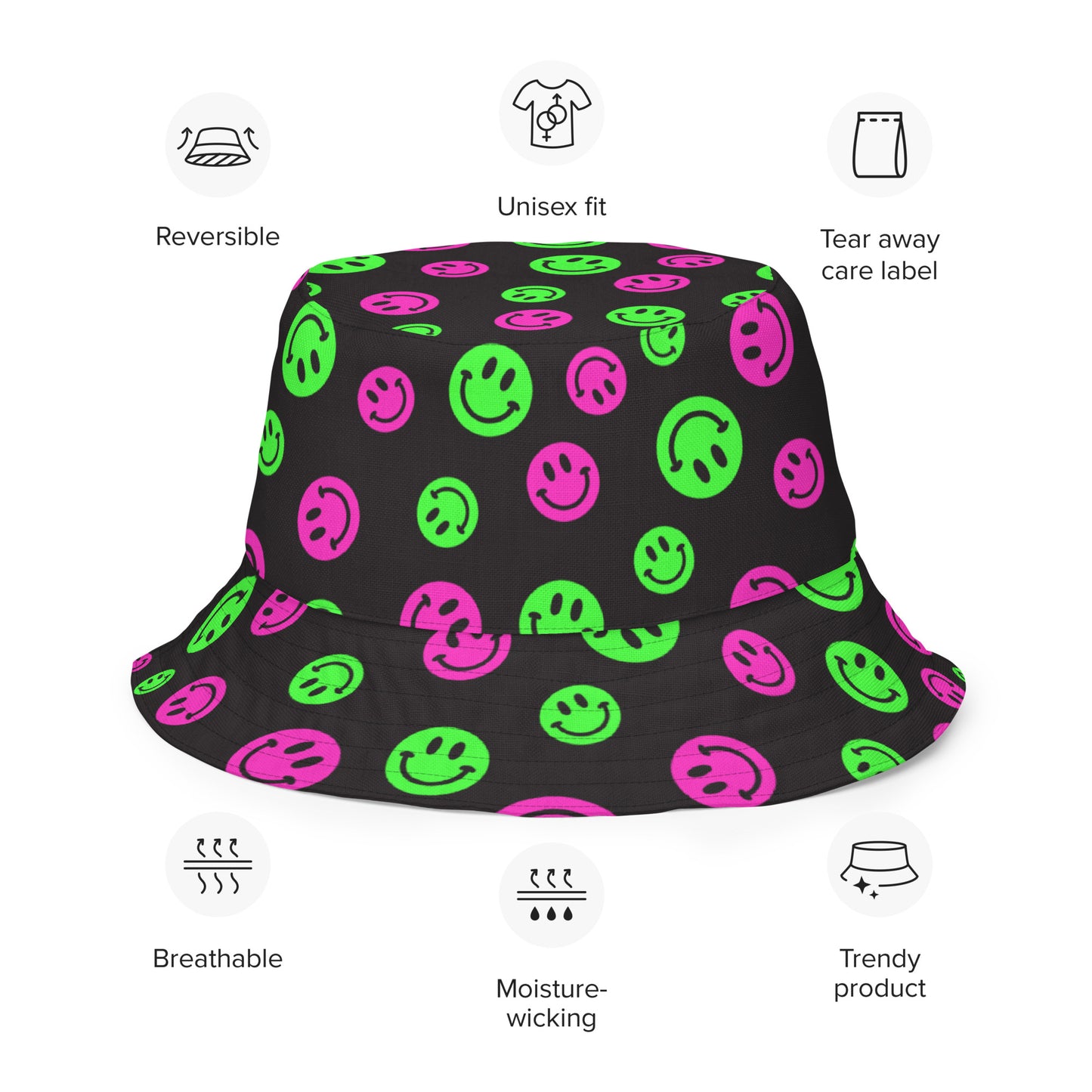 Pink & Green Smiles Checkered Reversible Bucket Hat