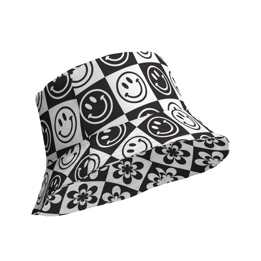B&W Checker Daisy Smile Reversible Bucket Hat