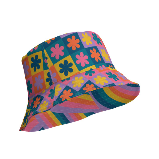 Retro Rainbow Bloom Reversible Bucket Hat