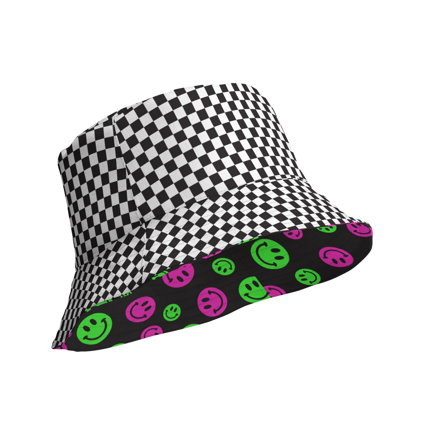 Pink & Green Smiles Checkered Reversible Bucket Hat