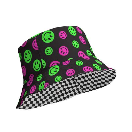 Pink & Green Smiles Checkered Reversible Bucket Hat