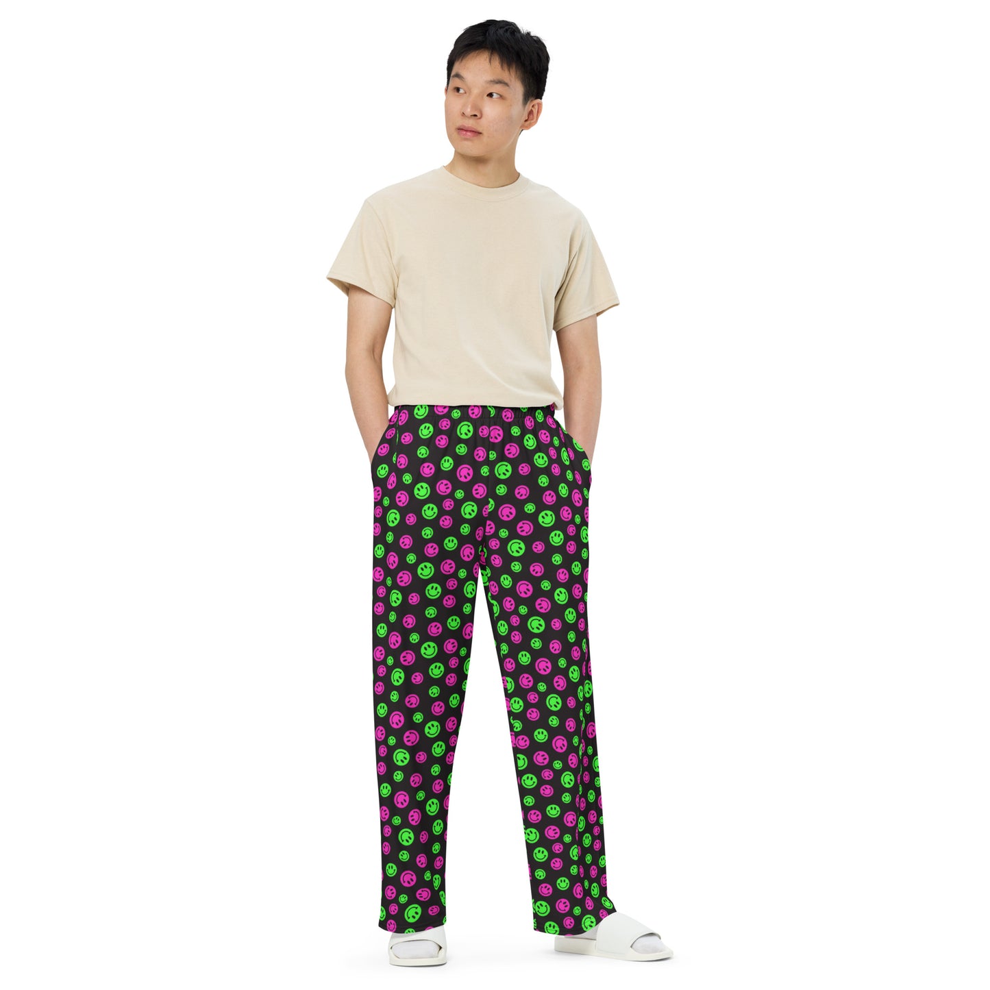 Pink & Green Smiles Unisex Wide-Leg Pants