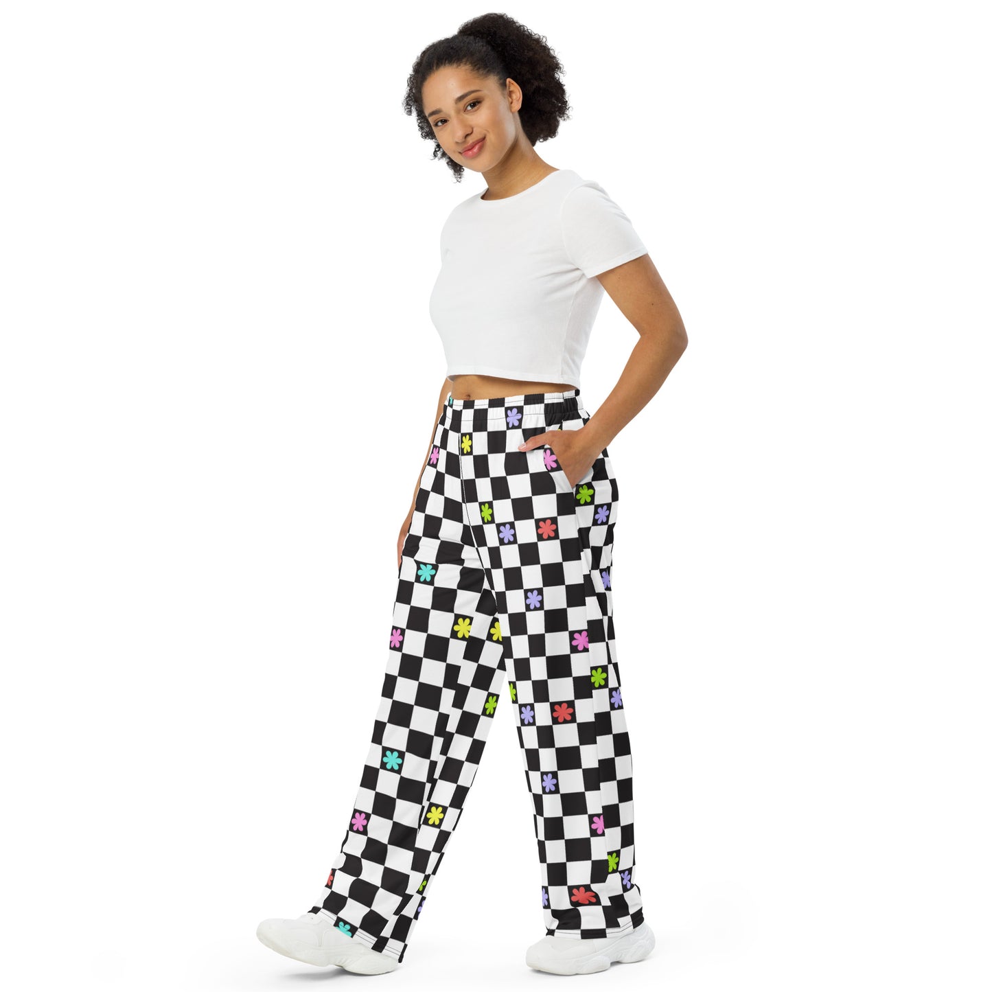 Checkered Flowers Unisex Wide-Leg Pants