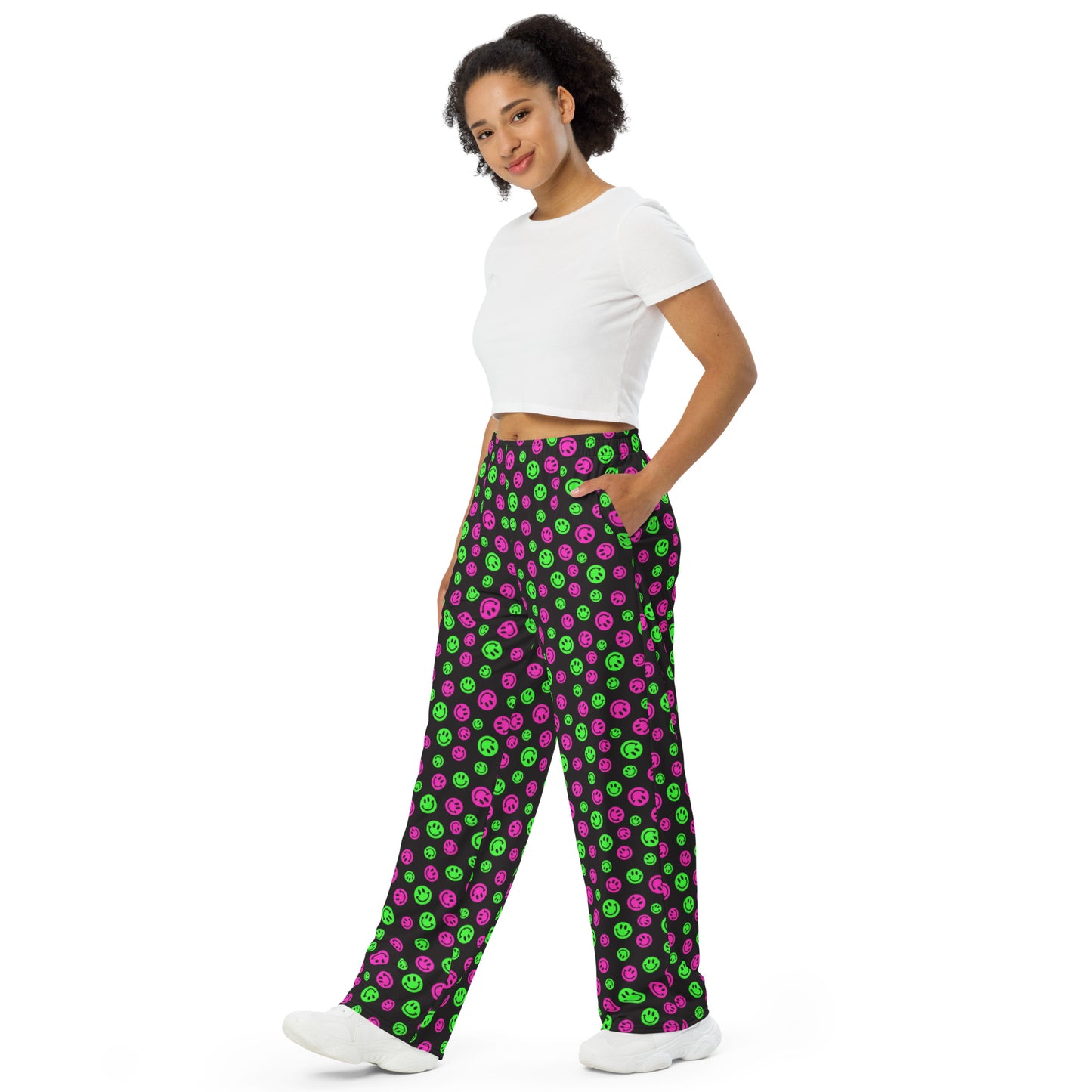 Pink & Green Smiles Unisex Wide-Leg Pants