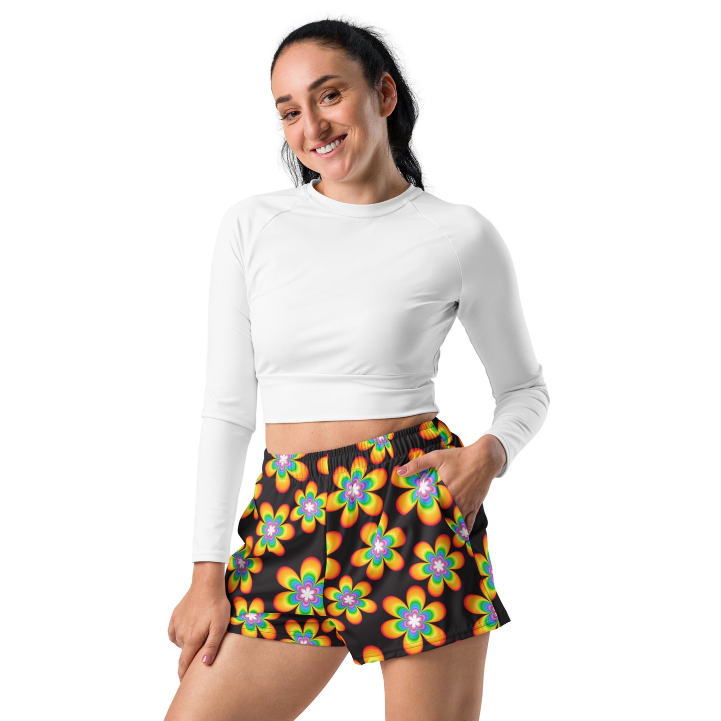 Rainbow Bloom Black Women’s Athletic Shorts