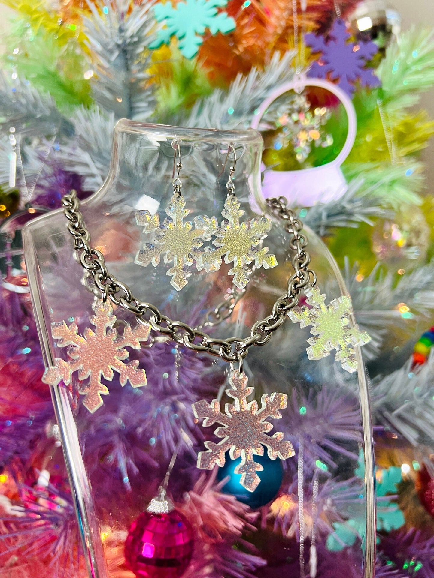 Iridescent Snowflake Earrings OR Choker