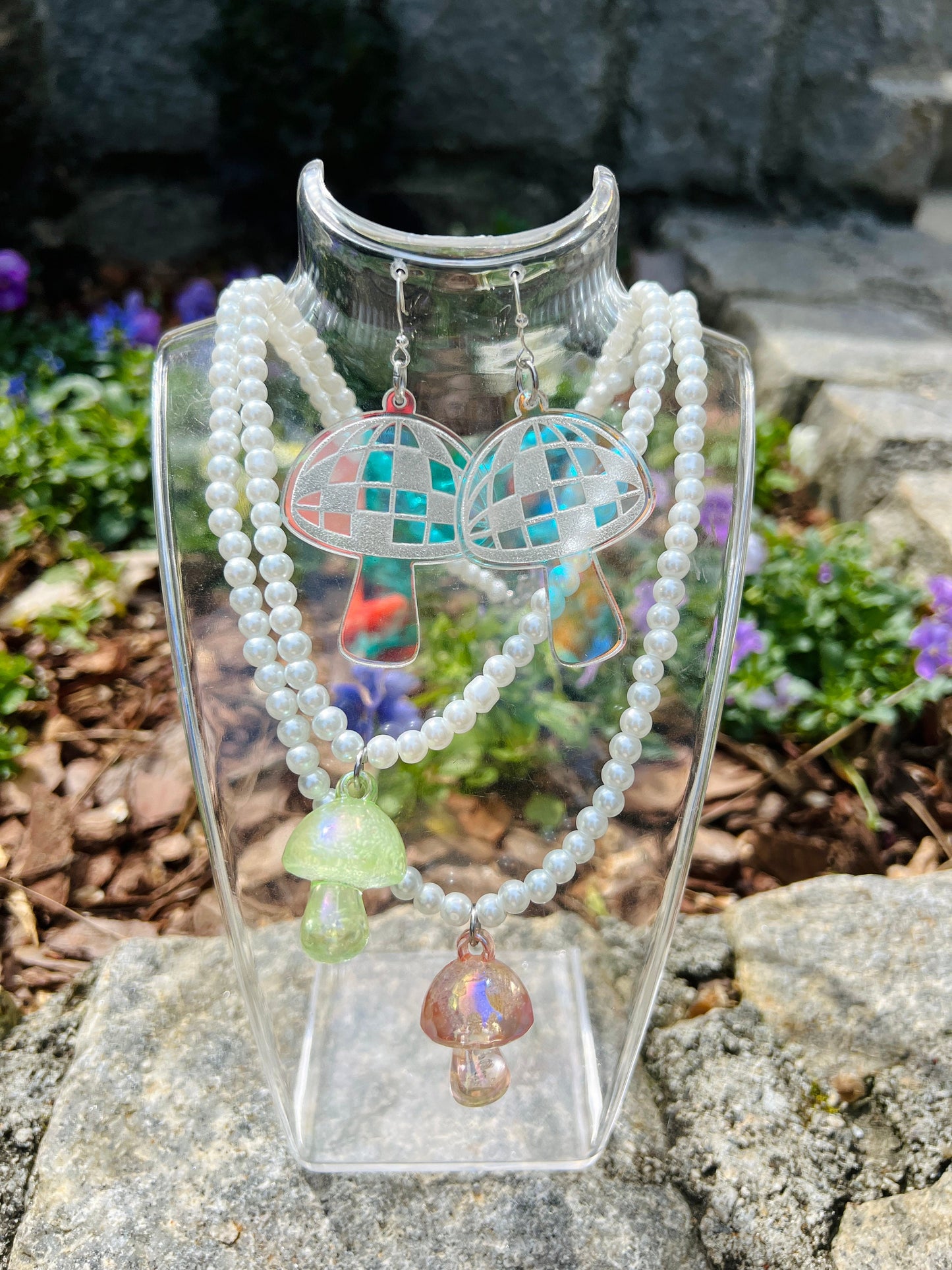 Iridescent Mushroom Pearl Charm Necklace